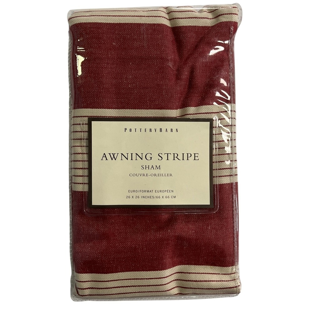 Pottery Barn Awning Stripe Euro Pillow Sham Cotton Linen Blend Red Tan 26x26